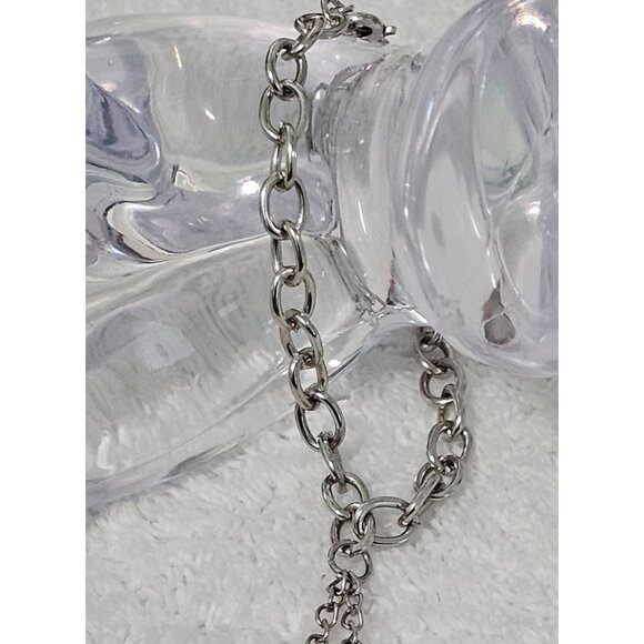 Silver-Tone Double Ring (size 8) Chain Finger Bracelet 7" Polished Metal Links - Picture 3 of 8
